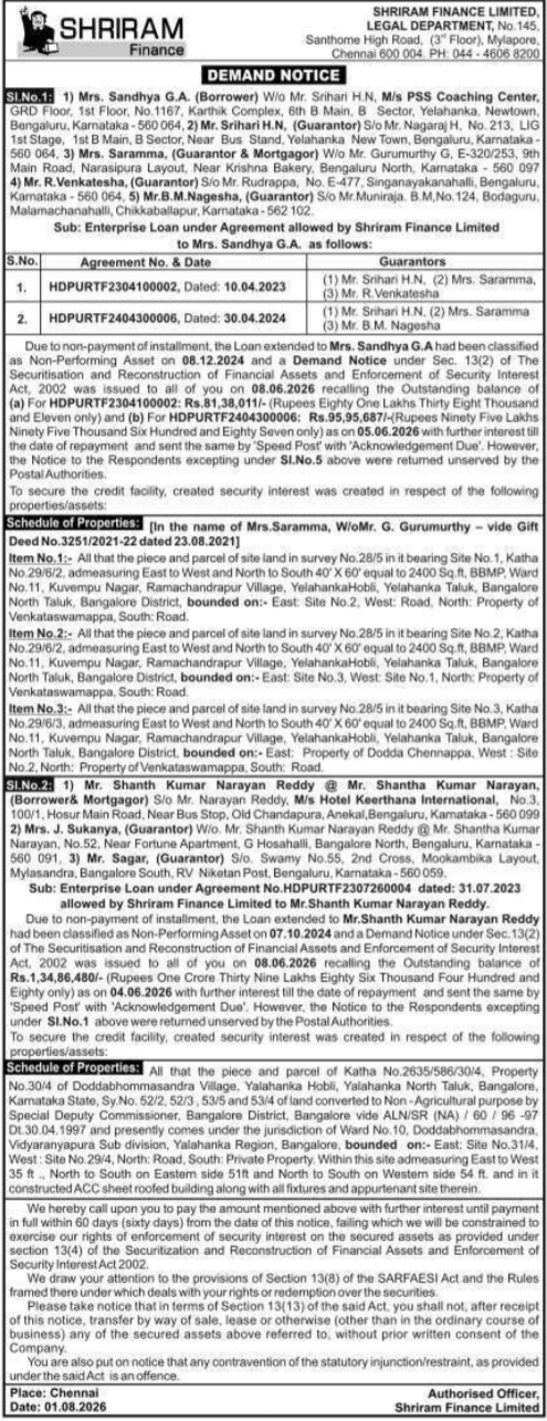 Statutory Demand Notices under SARFAESI Act (Shriram Finance)