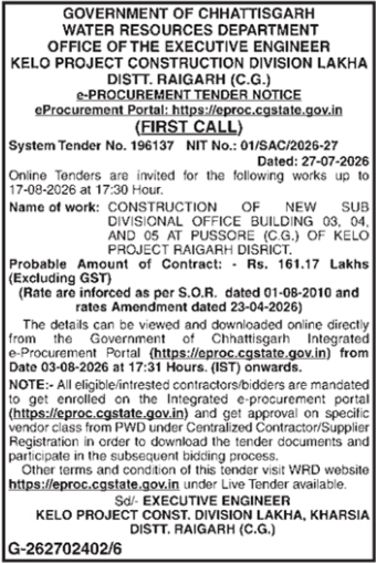 Sub-Divisional Office Building Construction Tender by Chhattisgarh WRD