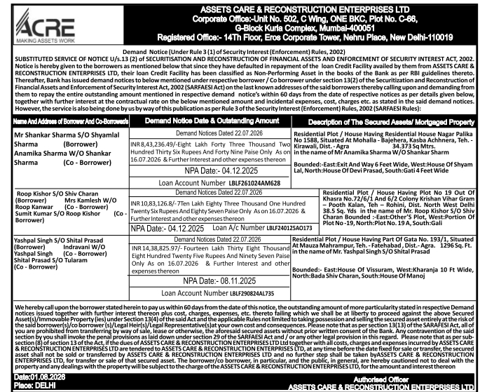 Substituted Service Demand Notice by Assets Care & Reconstruction Enterprises Limited