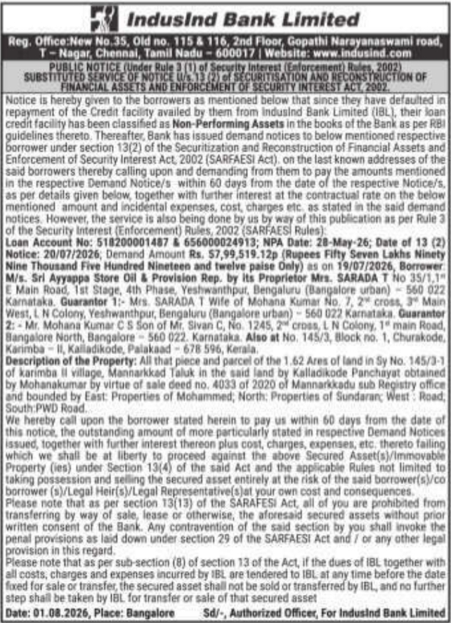 Substituted Service Public Notice under SARFAESI Act (IndusInd Bank)