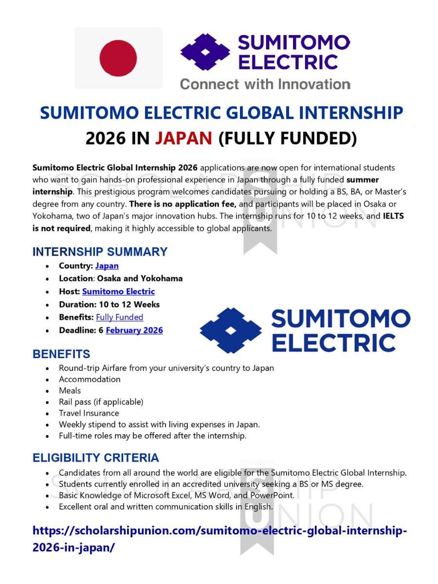 SUMITOMO ELECTRIC GLOBAL INTERNSHIP 2026 IN JAPAN | FULLY FUNDED