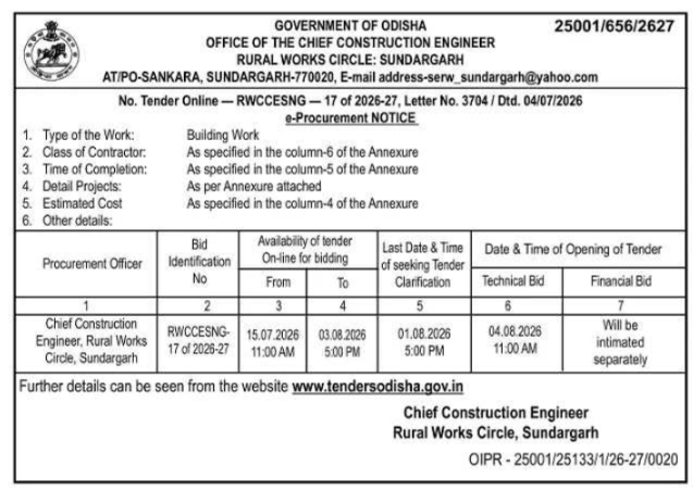 Sundargarh Rural Works Circle E-Procurement Notice for Building Work