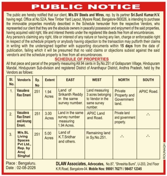 SV Steels and Wires Public Notice for Property Purchase