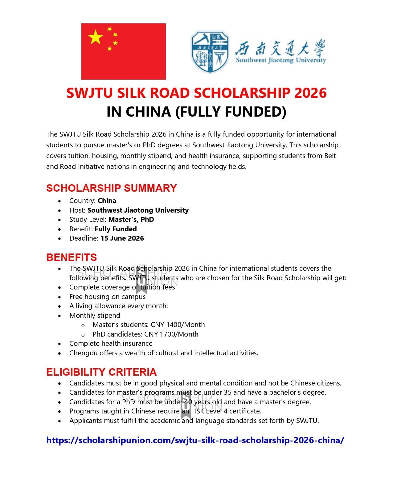 SWJTU Silk Road Scholarship 2026 in China
