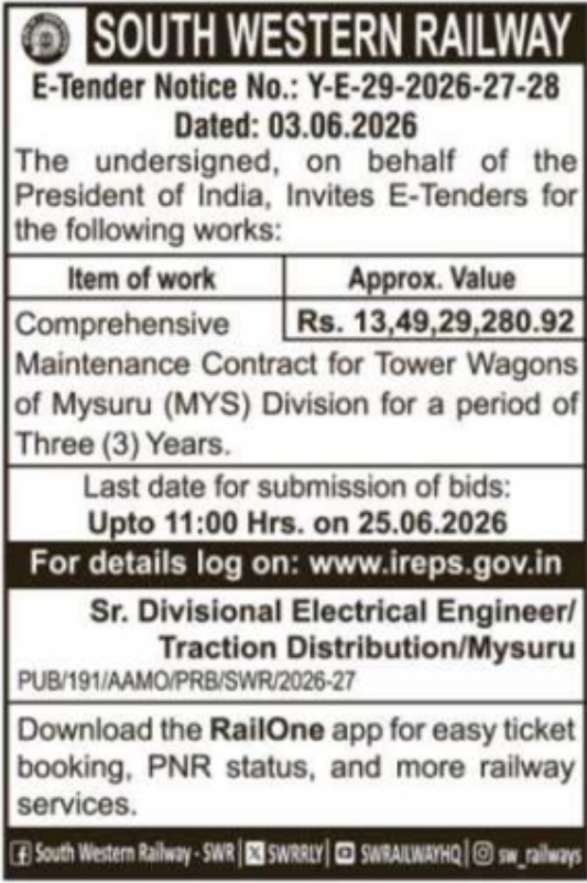 SWR: Mysuru Tower Wagon Maintenance E-Tender Notice