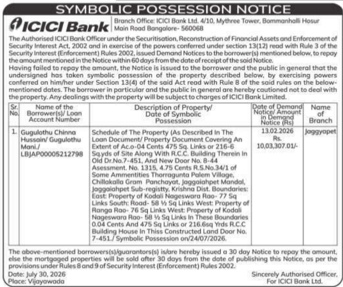 Symbolic Possession Notice by ICICI Bank