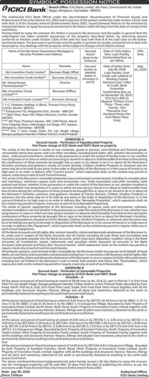 Symbolic Possession Notice by ICICI Bank