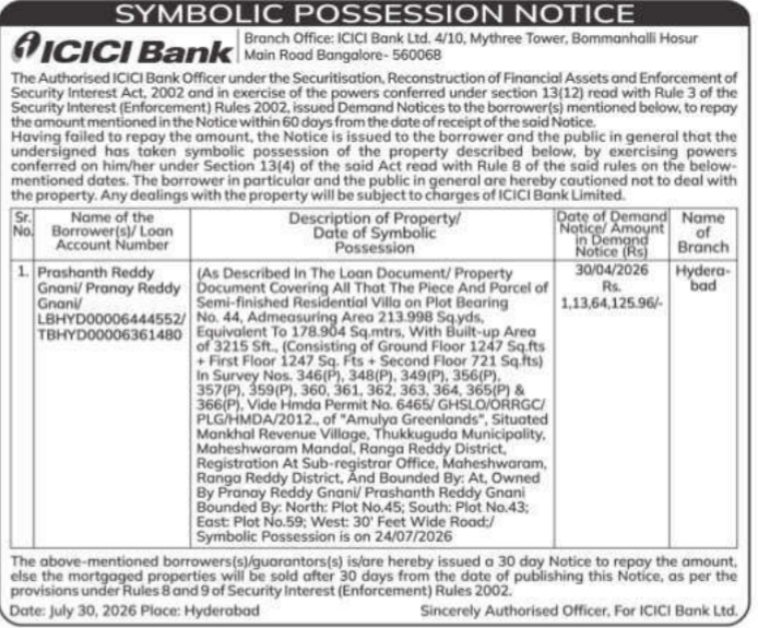 Symbolic Possession Notice by ICICI Bank