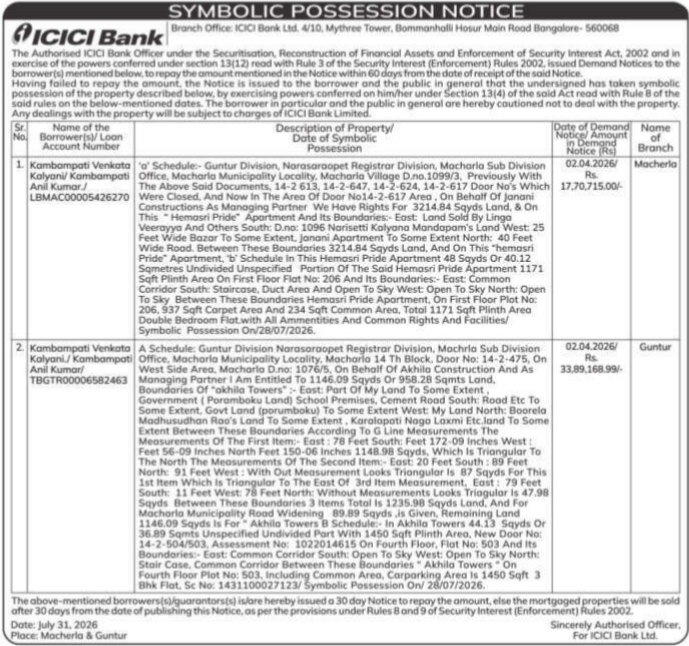 Symbolic Possession Notice by ICICI Bank
