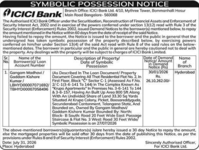 Symbolic Possession Notice by ICICI Bank