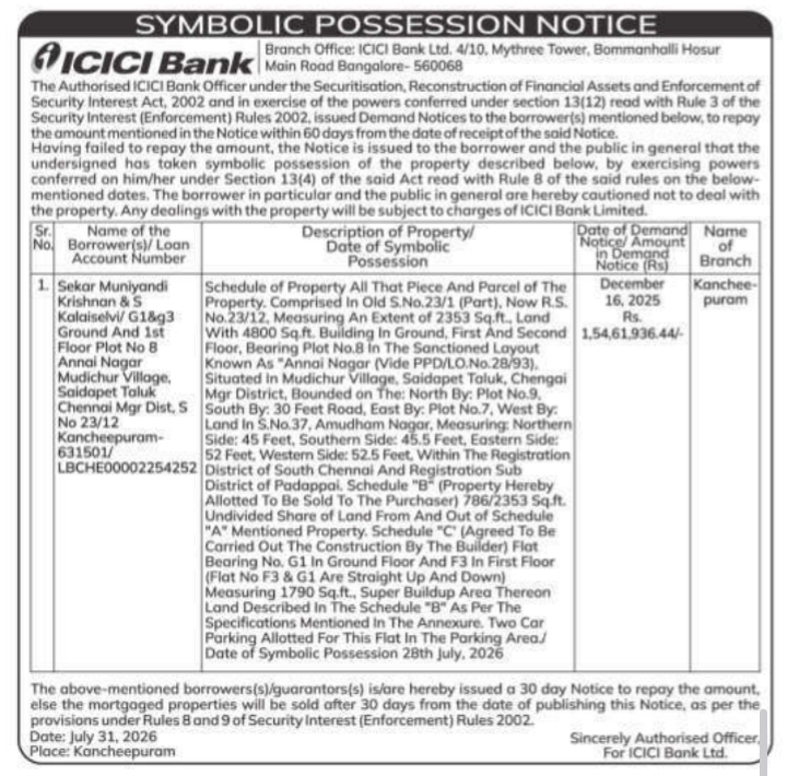 Symbolic Possession Notice by ICICI Bank