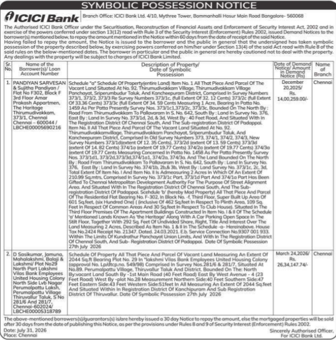 Symbolic Possession Notice by ICICI Bank