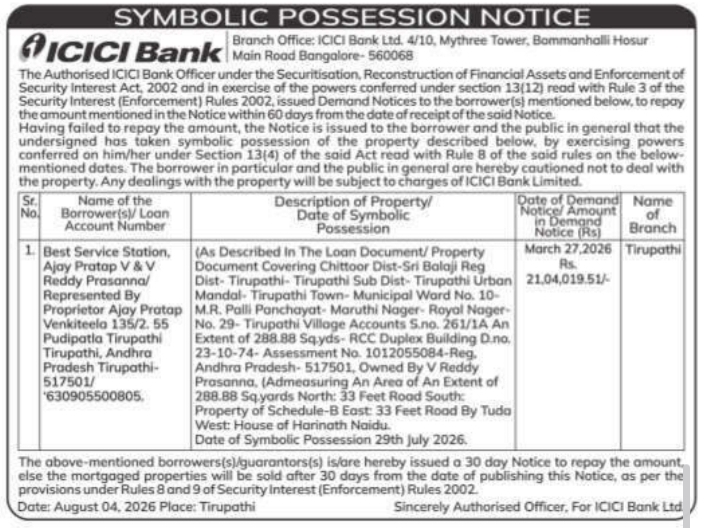 Symbolic Possession Notice for Duplex in Tirupathi