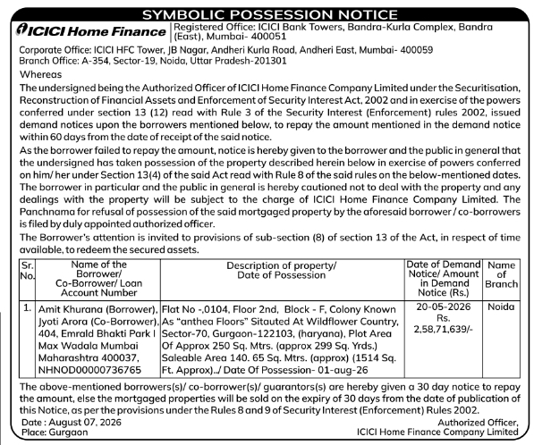 Symbolic Possession Notice for Flat at Wildflower Country by ICICI Home Finance