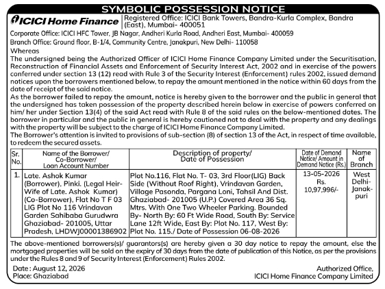Symbolic Possession Notice for Ghaziabad Property by ICICI Home Finance