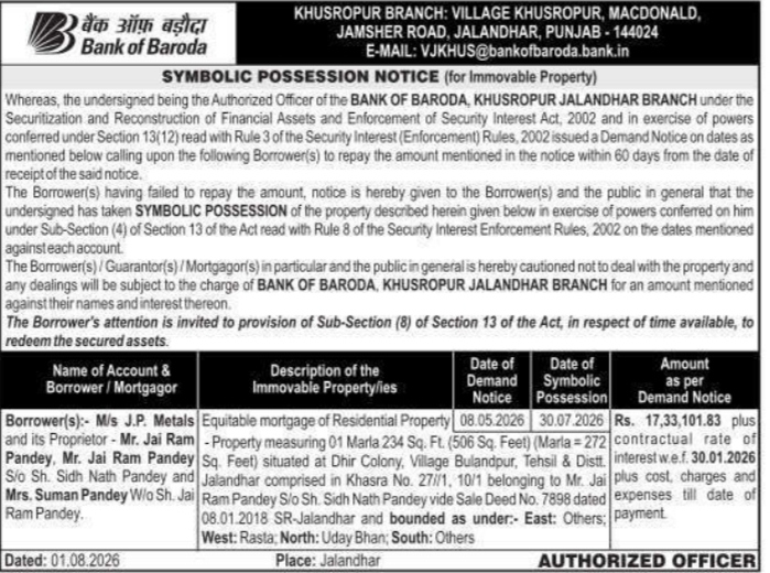 Symbolic Possession Notice for Immovable Property (Bank of Baroda)