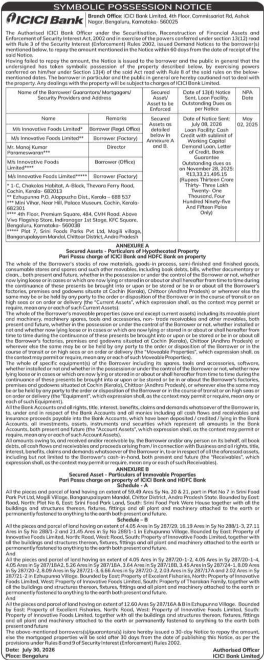 Symbolic Possession Notice for Movable and Immovable Assets by ICICI Bank