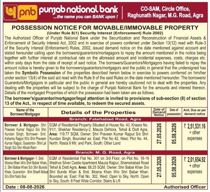 Symbolic Possession Notice for Residential Flats by PNB Agra