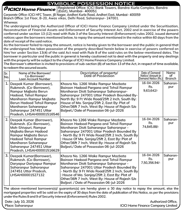 Symbolic Possession Notice: ICICI Home Finance Property Takeover