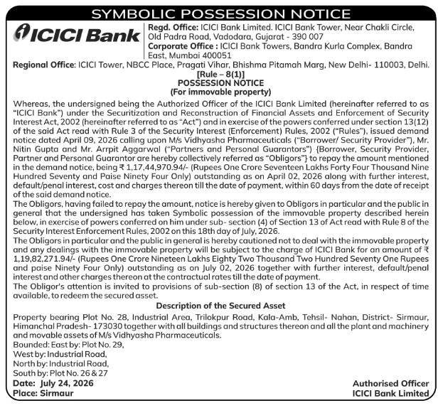 Symbolic Possession Notice: Immovable Commercial Asset