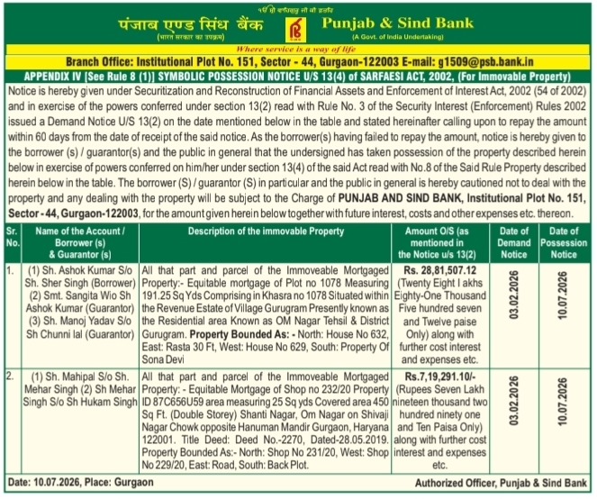 Symbolic Possession Notice: Immovable Property (Real Estate)