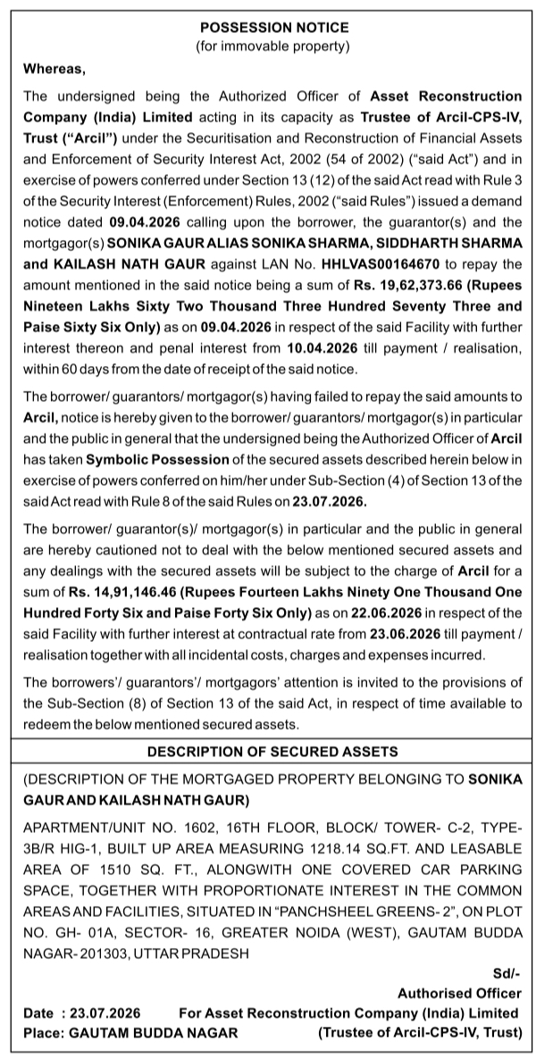 Symbolic Possession Notice of Immovable Property by Arcil
