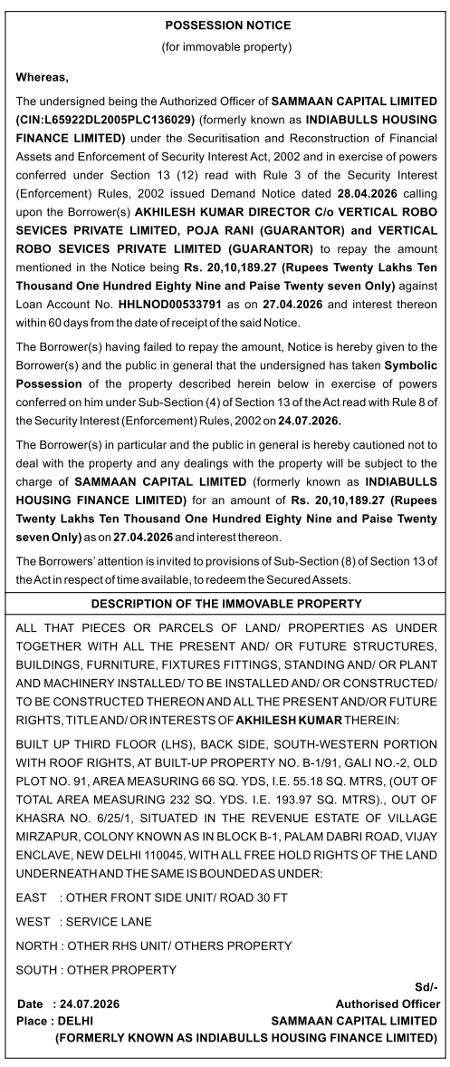 Symbolic Possession Notice of Immovable Property by Sammaan Capital