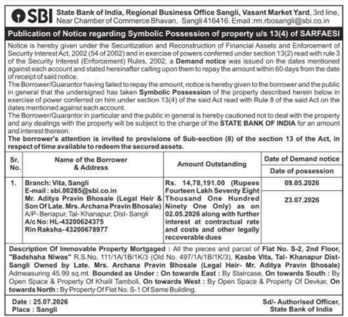 Symbolic Possession Notice: Residential Property Foreclosure