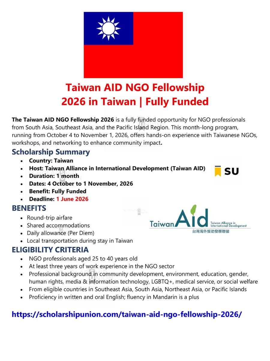 Taiwan AID NGO Fellowship 2026 in Taiwan