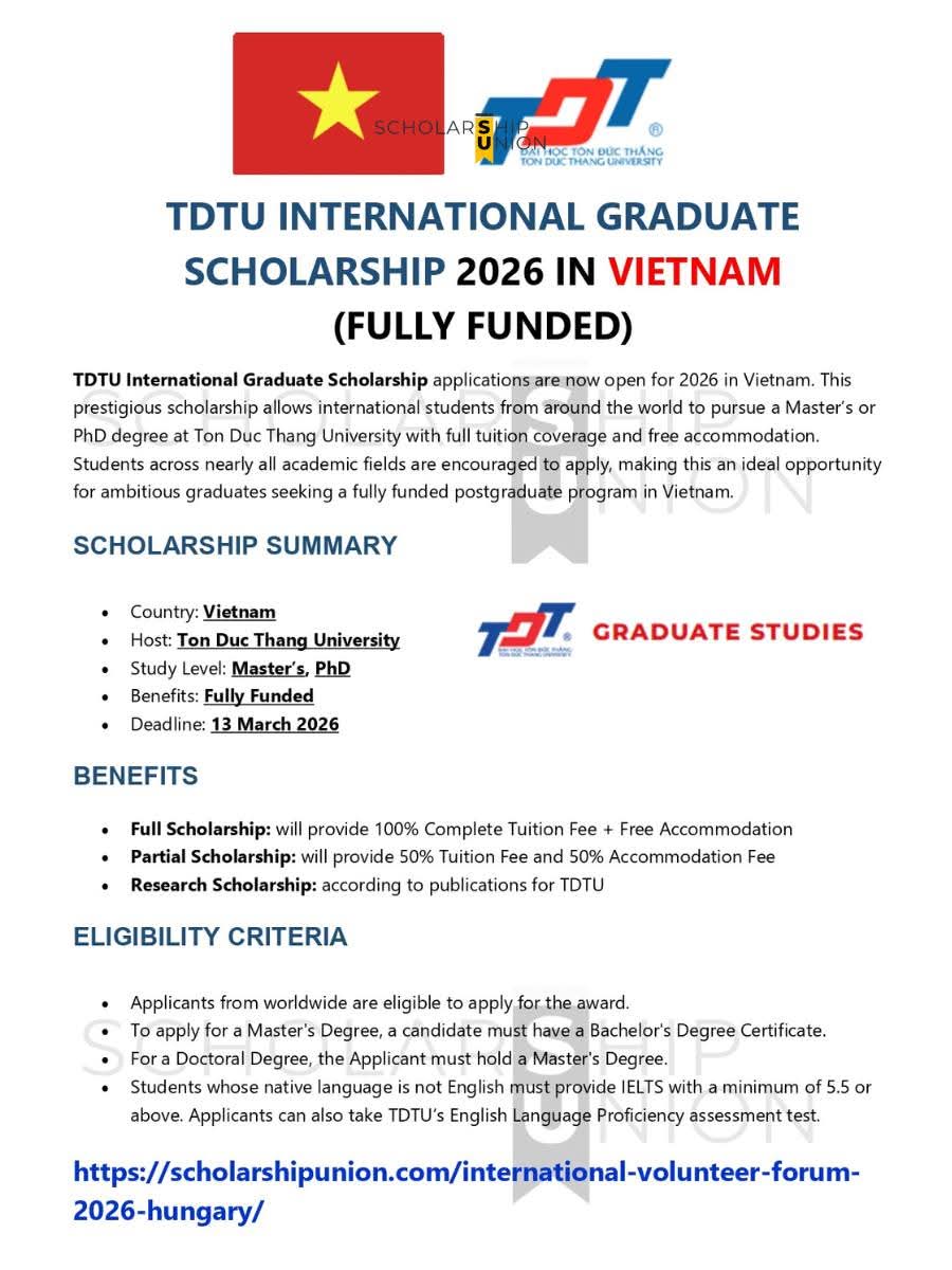TDTU INTERNATIONAL GRADUATE SCHOLARSHIP 2026 IN VIETNAM