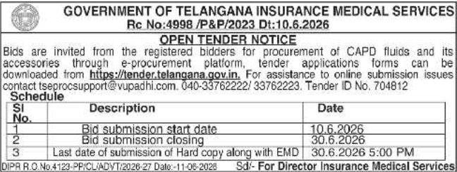 Telangana IMS 2026 CAPD Fluids Tender Notice