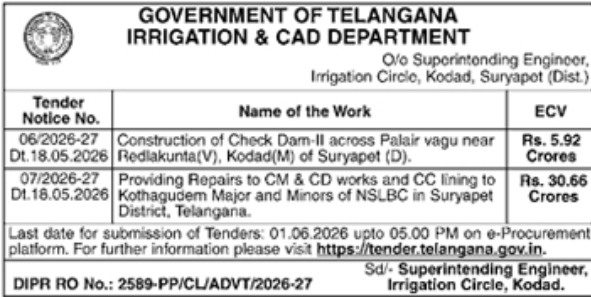 Telangana Irrigation & CAD Department Tender 2026