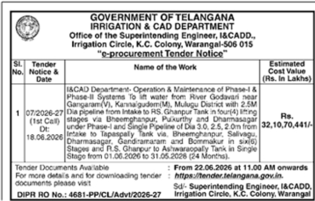 Telangana Irrigation Department e-Procurement Tender Notice
