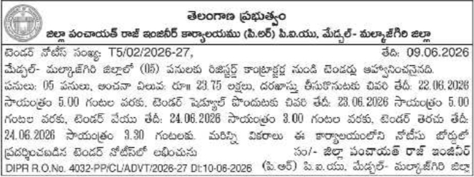 Telangana Panchayat Raj Medchal-Malkajgiri Tender Notice