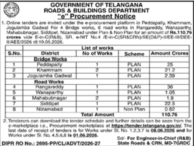 Telangana R&B Bridge & Road Works E-Tender