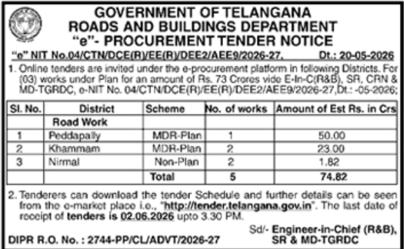 Telangana R&B Department Road Works E-Tender