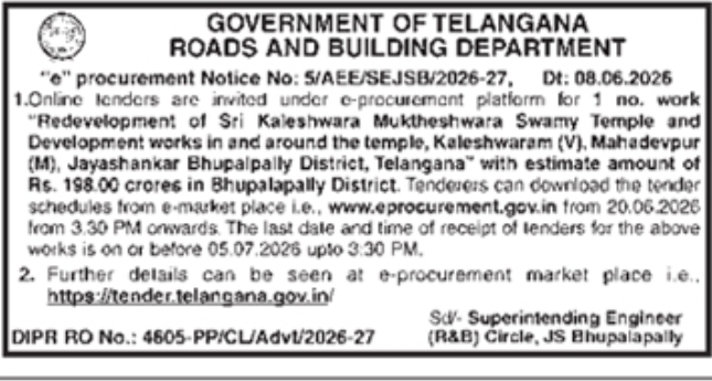 Telangana R&B Department Temple Redevelopment Tender Notice