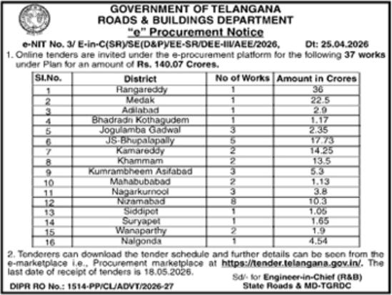 Telangana Roads & Buildings Department: "e" Procurement Notice