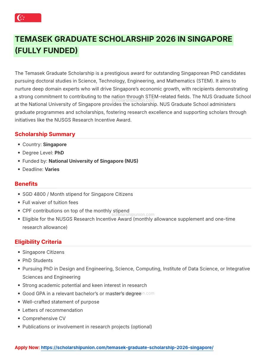 Temasek Graduate Scholarship 2026 in Singapore