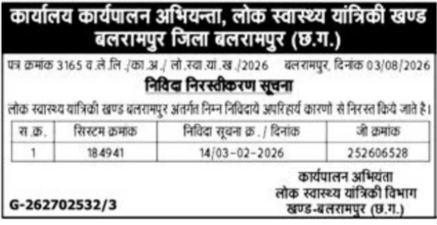 Tender Cancellation Notice for Public Health Engineering Projects