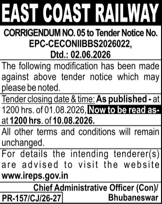 Tender Closing Date Corrigendum Notice by East Coast Railway