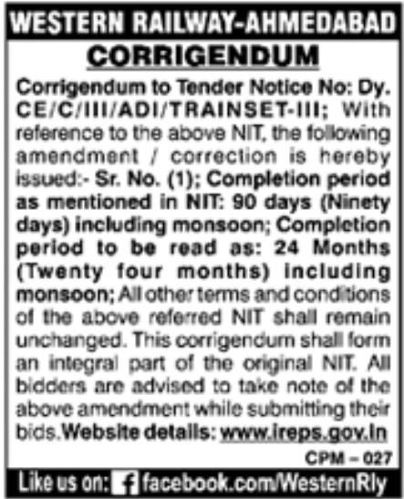 Tender Corrigendum: Western Railway Trainset Infrastructure Works