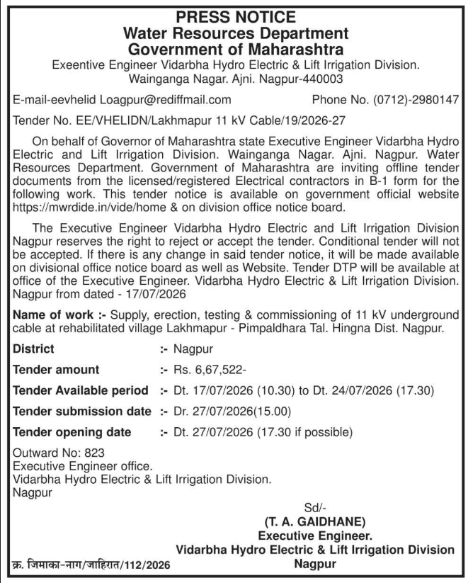 Tender Notice: 11 kV Underground Cable Infrastructure Works by Water Resources Department, Nagpur