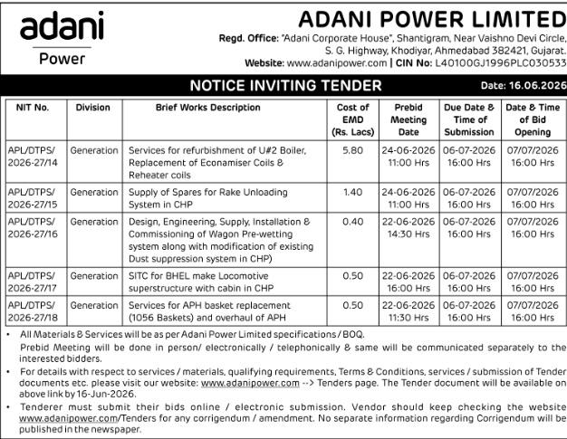 Tender Notice: Adani Power Limited Generation Division Procurement