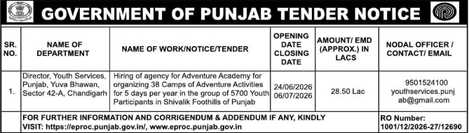 Tender Notice: Adventure Camps Agency Hiring by Punjab Youth Services Department
