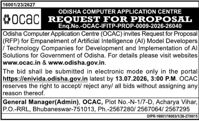 Tender Notice: AI Model Developers Empanelment RFP by OCAC