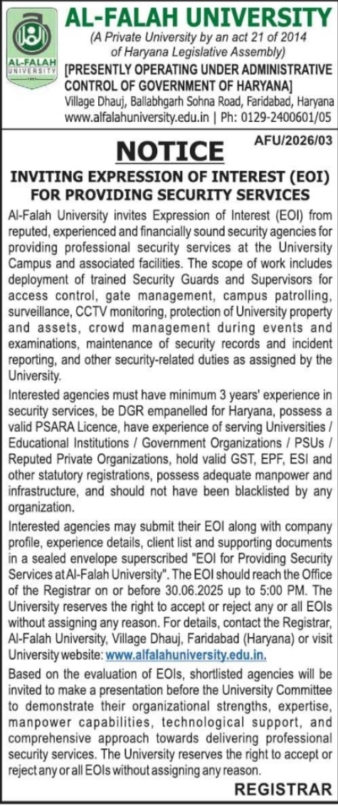 Tender Notice: Al-Falah University Security Services EOI