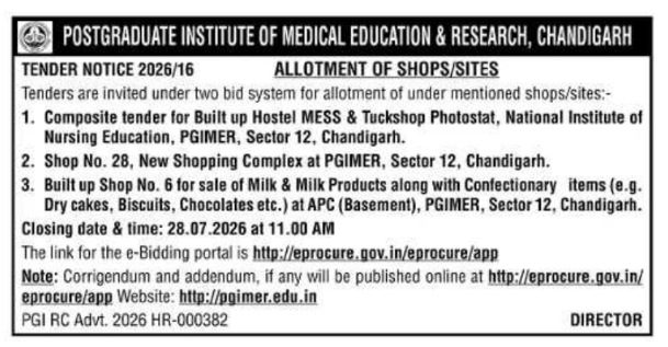 Tender Notice: Allotment of Commercial Shops & Sites