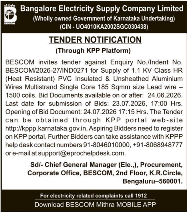 Tender Notice: Aluminium Wire Supply by Bangalore Electricity Supply Company Limited