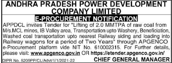 Tender Notice: APPDCL Coal Lifting and Transportation